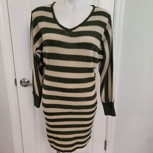 Striped Long Sleeve Dress - Green and Cream